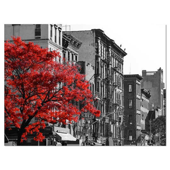 Designart - Red Tree on Black and White New York City Street